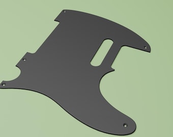 May include: A matte black guitar pickguard featuring a contoured shape with a cutout for a single-coil pickup and five pre-drilled countersunk screw holes along the perimeter, designed for a solid-body electric guitar instrument.