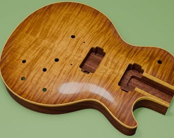 May include: An unfinished electric guitar body featuring a glossy amber-colored flamed maple top with a visible wood grain pattern. The mahogany-colored back and sides are exposed, showing routed cavities for pickups and bridge hardware.