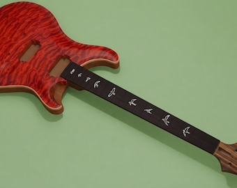 May include: An electric guitar body and neck featuring a vibrant red flame maple top with a wavy grain pattern. The dark fretboard is adorned with white bird-shaped inlays. The headstock is made of natural wood with a visible striped grain pattern.