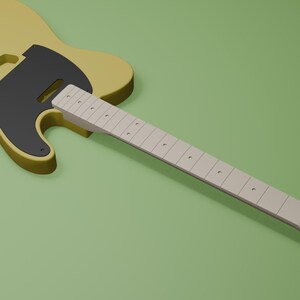 May include: A yellow electric guitar body with a black pickguard and a light-colored wooden neck. The guitar body features cutouts for pickups and a bridge, while the neck includes a fretboard with visible fret markers and a headstock with holes.