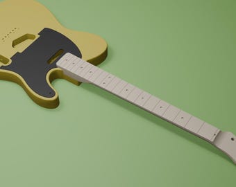 May include: A yellow electric guitar body with a black pickguard and a light-colored wooden neck. The guitar body features cutouts for pickups and a bridge, while the neck includes a fretboard with visible fret markers and a headstock with holes.