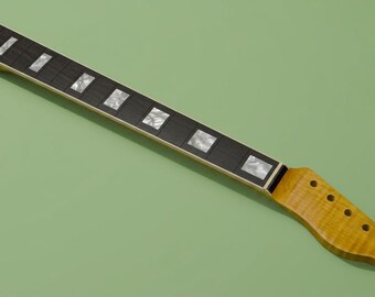 May include: A guitar neck featuring a dark brown fretboard with rectangular pearlescent inlays and a light brown, tiger-striped maple wood headstock with six pre-drilled holes for tuning pegs, showcasing a smooth, polished finish.