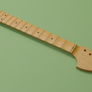 May include: A light brown wooden guitar neck featuring a smooth fretboard with dark circular fret markers and a headstock with six pre-drilled holes for tuning pegs. The neck has a natural wood grain finish and a standard elongated shape.