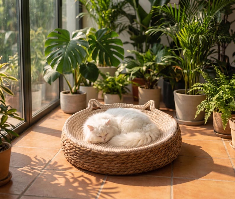 Pode incluir: Uma cama redonda para gatos, tecida com fibras naturais em tom bege, com dois pequenos detalhes em forma de orelhas na borda. Um gato branco de pelo longo e felpudo dorme encolhido no centro da cama, que possui uma base clara e texturizada.
