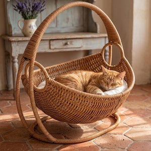 Rattan Hanging Cat Bed, Woven Basket Swing for Cozy Naps