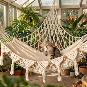 May include: A cream-colored macrame hammock featuring a woven net design, decorative triangular fringe accents with tassels, and a solid fabric base. A brown tabby cat sits in the center of the hammock, grooming its paw while suspended.