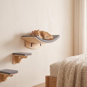 Conjunto de prateleiras de parede curvas para gatos, degraus de madeira para escalada com poleiro acolchoado.
