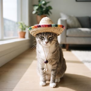 Può includere: Un gatto tigrato grigio e bianco indossa un sombrero di paglia intrecciata con una fascia a righe colorate. Il cappello presenta un sottogola in corda chiara, una perlina di legno scuro e due piccoli fermi in legno alle estremità per fissarlo.