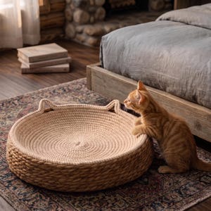 Pode incluir: Uma cama redonda para animais de estima&ccedil;&atilde;o feita de corda tran&ccedil;ada bege, com dois pequenos detalhes em forma de orelhas de gato na borda. A cama &eacute; constru&iacute;da com um cord&atilde;o grosso de cor natural enrolado, criando uma base circular texturizada.