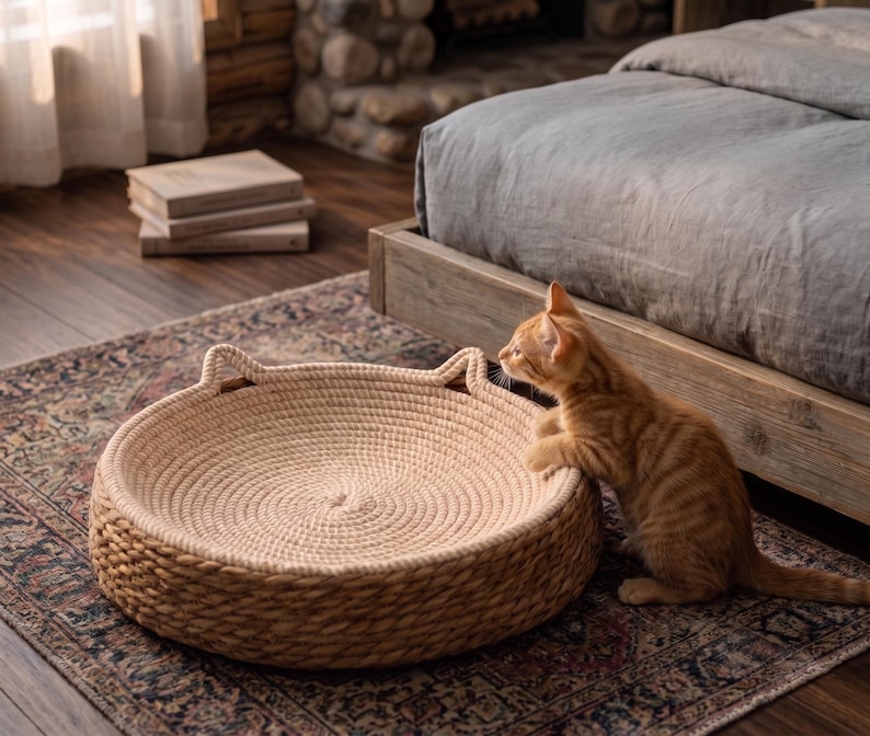Pode incluir: Uma cama redonda para animais de estima&ccedil;&atilde;o feita de corda tran&ccedil;ada bege, com dois pequenos detalhes em forma de orelhas de gato na borda. A cama &eacute; constru&iacute;da com um cord&atilde;o grosso de cor natural enrolado, criando uma base circular texturizada.