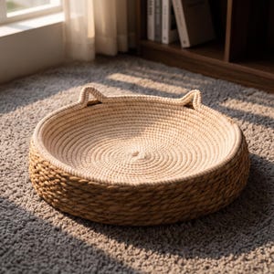 Pode incluir: Uma cama redonda para animais de estima&ccedil;&atilde;o feita de corda bege clara enrolada com um exterior tran&ccedil;ado e texturizado num tom castanho mais escuro. O design apresenta duas pequenas sali&ecirc;ncias pontiagudas em forma de orelhas na borda superior.