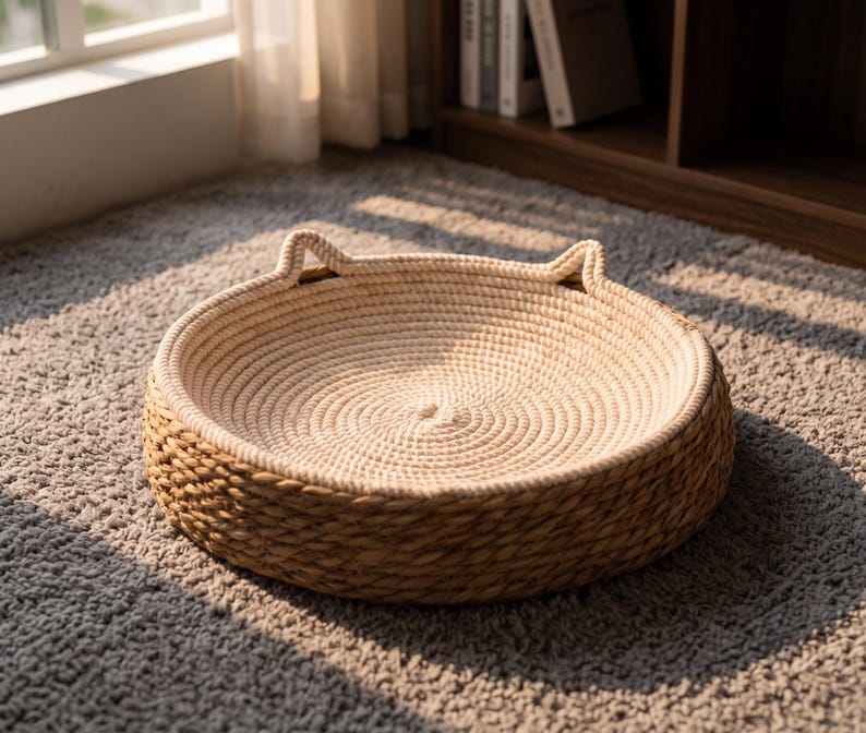 Pode incluir: Uma cama redonda para animais de estima&ccedil;&atilde;o feita de corda bege clara enrolada com um exterior tran&ccedil;ado e texturizado num tom castanho mais escuro. O design apresenta duas pequenas sali&ecirc;ncias pontiagudas em forma de orelhas na borda superior.