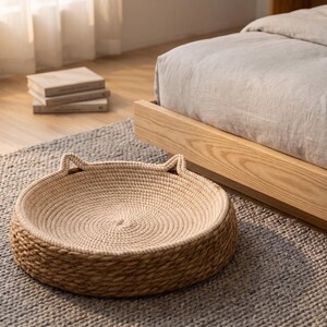 Pode incluir: Uma cama redonda para animais de estima&ccedil;&atilde;o feita de corda bege clara enrolada com uma borda externa tran&ccedil;ada e texturizada em marrom escuro. A cama apresenta duas pequenas orelhas pontiagudas formadas pela corda.