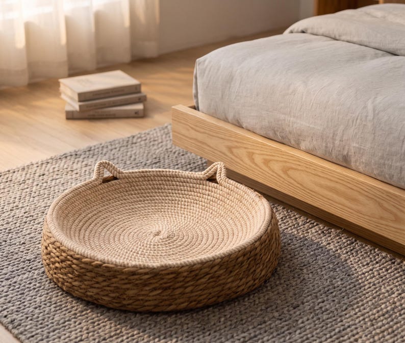 Pode incluir: Uma cama redonda para animais de estima&ccedil;&atilde;o feita de corda bege clara enrolada com uma borda externa tran&ccedil;ada e texturizada em marrom escuro. A cama apresenta duas pequenas orelhas pontiagudas formadas pela corda.