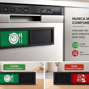 Peut inclure: Un indicateur de statut pour lave-vaisselle rectangulaire avec un cadre noir et un panneau coulissant. Il présente un fond vert avec une icône blanche d'assiette et de fourchette pour la vaisselle propre, et un fond rouge avec une icône blanche.