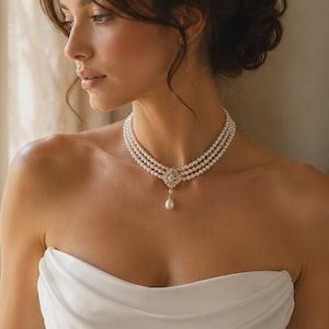 Vintage Parel Bruidsketting, 3-strengs Parel Choker, Trouwketting, Bruidsjuwelen, Klassieke Bruid, Parel Druppelhanger
