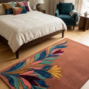 Rust Botanical Area Rug Handmade Tufted Multicolor Leaf Pattern Rectangular Carpet