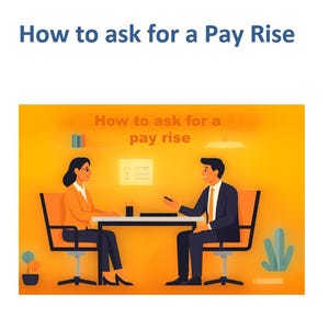 Puede incluir: Una ilustración digital que muestra a dos personas sentadas en un escritorio en un entorno de oficina con el texto How to ask for a pay rise en la parte superior y central. La escena utiliza una paleta de colores naranja cálido.