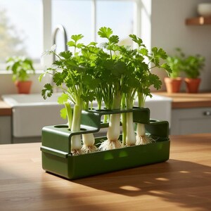 May include: A dark green plastic herb keeper with a tiered design featuring multiple circular openings. Several stalks of fresh green cilantro with visible white roots are inserted into the holes, standing upright in the structured container.