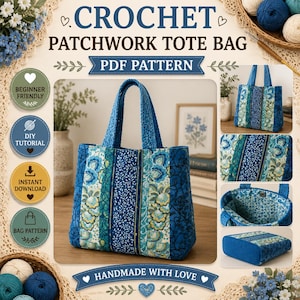 Modello PDF per borsa tote da cucire, modello per borsa tote trapuntata, tutorial per borsa da mercato in tessuto, modello PDF per borsa a tracolla patchwork