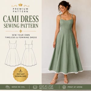 May include: A sewing pattern for a sage green cami dress featuring a sweetheart neckline, thin straps, and a flared midi-length skirt with a white scalloped lace trim at the hem. The graphic includes technical line drawings of the dress.