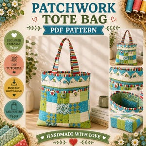 Patchwork Tote Bag Sewing Pattern PDF, Quilted Tote Bag Pattern, Scrap Fabric Tote Tutorial, Pocket Tote Bag PDF