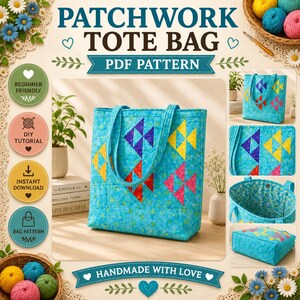 May include: A patchwork tote bag PDF pattern featuring a bright blue quilted fabric with colorful geometric fish shapes in yellow, purple, orange, and pink. The design includes two shoulder straps and a spacious interior, shown from multiple angles.