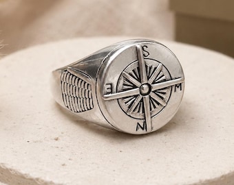 Kompasring | 925 sterlingzilveren ring voor heren | Geometrische sterrenring kompas | Nautische zilveren ring | Geoxideerde boho-sieraden