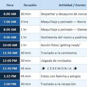 May include: A wedding day schedule table with columns for time, duration, activity, responsible party, location, and notes. The rows detail events from 6:00 AM to 2:00 PM, including bridal preparations, photography, ceremony, and travel logistics.