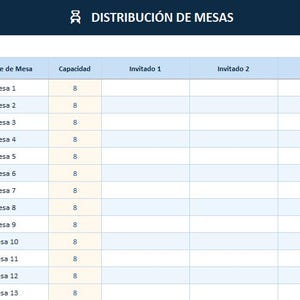 May include: A digital table titled DISTRIBUCI&Oacute;N DE MESAS with a dark blue header and a white icon. The table lists Mesa 1 through 13, each with a capacity of 8, and columns for Nombre de Mesa, Capacidad, Invitado 1, Invitado 2, and Observaciones.