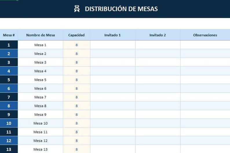 May include: A digital table titled DISTRIBUCI&Oacute;N DE MESAS with a dark blue header and a white icon. The table lists Mesa 1 through 13, each with a capacity of 8, and columns for Nombre de Mesa, Capacidad, Invitado 1, Invitado 2, and Observaciones.
