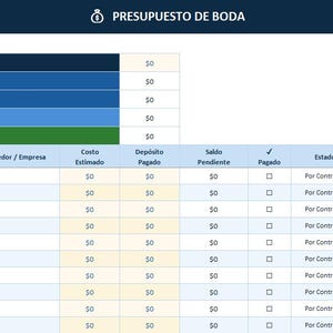 May include: A digital wedding budget spreadsheet template with a dark blue header labeled PRESUPUESTO DE BODA. It features rows for categories like Sal&oacute;n, Catering, and Fotograf&iacute;a, with columns for estimated costs, deposits, balances, and payment status.