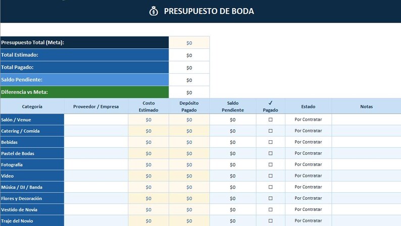 May include: A digital wedding budget spreadsheet template with a dark blue header labeled PRESUPUESTO DE BODA. It features rows for categories like Sal&oacute;n, Catering, and Fotograf&iacute;a, with columns for estimated costs, deposits, balances, and payment status.