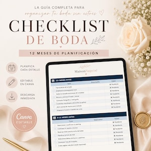 May include: A digital wedding planning checklist displayed on a tablet screen, featuring columns for tasks, responsibilities, and status. The document includes the text "CHECKLIST DE BODA" and "12 MESES DE PLANIFICACI&Oacute;N" with icons for planning, editing, and downloading.