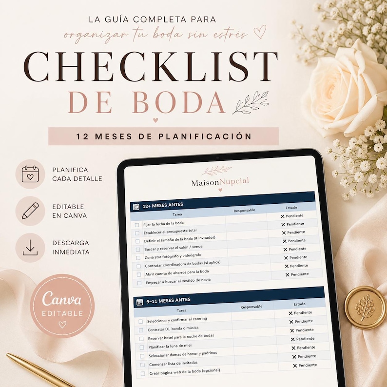 May include: A digital wedding planning checklist displayed on a tablet screen, featuring columns for tasks, responsibilities, and status. The document includes the text "CHECKLIST DE BODA" and "12 MESES DE PLANIFICACI&Oacute;N" with icons for planning, editing, and downloading.