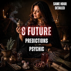 Op de afbeelding: Een persoon met een zwarte kanten sluier houdt een rokend wierookvat vast. De tekst luidt: SAME HOUR DETAILED 8 FUTURE PREDICTIONS PSYCHIC. De scène bevat een vijzel met kruiden, glazen flessen, kristallen en rollen op een donker oppervlak.
