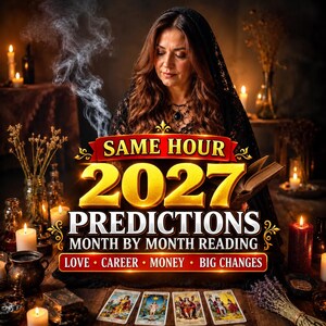 May include: A digital graphic featuring the text SAME HOUR 2027 PREDICTIONS MONTH BY MONTH READING LOVE CAREER MONEY BIG CHANGES. The image shows a person with long brown hair wearing a black lace veil, surrounded by lit candles and tarot cards.