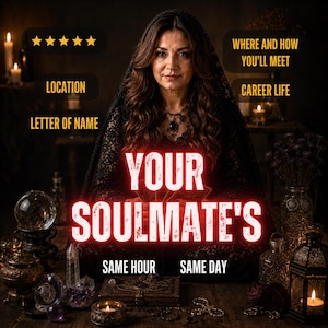 Könnte beinhalten: Eine Person mit langem braunem Haar, die einen schwarzen Spitzenschleier und ein Oberteil trägt, umgeben von Kerzen, Kristallen und einer Kristallkugel. Der Text lautet: YOUR SOULMATE'S, WHERE AND HOW YOU'LL MEET, CAREER LIFE, LOCATION, LETTER OF NAME, SAME HOUR, SAME DAY.