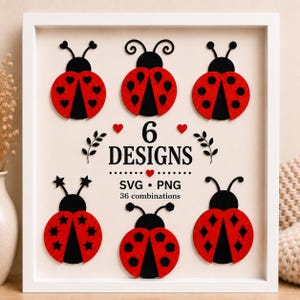 Könnte beinhalten: Ein weißer Rahmen mit sechs verschiedenen Marienkäfer-Designs in Rot und Schwarz. Der zentrale Text lautet 6 DESIGNS, SVG PNG und 36 combinations. Jeder Marienkäfer hat einzigartige Muster auf seinen Flügeln, darunter Herzen, Sterne und Rauten.