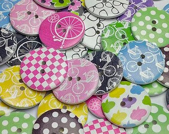 Random 50pcs 20mm(3/4") 30mm(1 1/8") Sports Wood Buttons Bike Craft Sewing Button