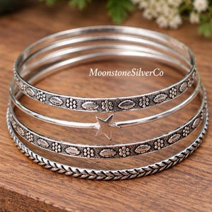 Handgjorda blommiga armband, 925 sterlingsilver, set med 4 armband, stjärnberlockarmband, bohemiska oxiderade smycken