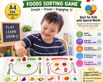 Healthy vs Unhealthy Food Sorting Game, Special Education Nutrition Activity, Preschool Kindergarten Printable, Food Cards