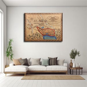 May include: A rectangular wooden wall art piece featuring a detailed map of The Ponderosa in Nevada. The map includes illustrations of Virginia City, Reno, Carson City, and Lake Tahoe, with a decorative border and black line work on wood.