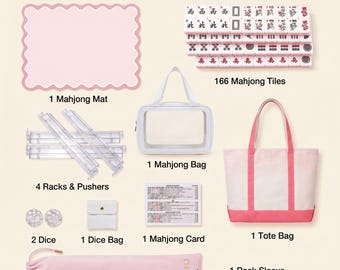 May include: An all-in-one Mahjong set including a pink scalloped mat, 166 tiles, four clear racks with pushers, a clear bag, a pink and white tote bag, two dice, a small dice pouch, a score card, and a pink rack sleeve with the text MAHJ.