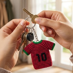 May include: A metal keyring holding several silver and black keys and a small, crocheted maroon jersey keychain with green trim on the sleeves and the number 10 stitched in black on the front. The jersey is attached to the ring by a silver chain.