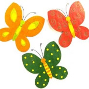 Rustic Recycled Metal Upcycled, Repurposed Green Sustainably Hand Crafted Art   Metal Butterfly Magnets - Orange/red/green (Set of 3)