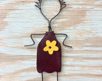 Upcycled Family Stick Figure Recycled Metal Art - Daughter Girl...Wild Cherry with Yellow Flower