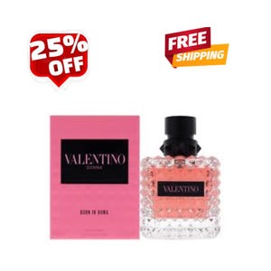 May include: A pink rectangular perfume box labeled Valentino Donna Born In Roma next to a square glass perfume bottle with a textured stud pattern, a black cap, and a black label reading Valentino, containing a light pink liquid fragrance.