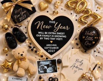 Plantilla para anuncio de embarazo de Año Nuevo 2027, Anuncio de embarazo de enero editable en Canva, Anuncio de bebé de enero, Redes sociales de Año Nuevo, Canva
