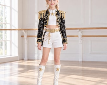 Costume cosplay dorato K-pop per ragazze / Abito da idol ispirato al K-pop / Costume da spettacolo di danza con paillettes / Abiti di Halloween